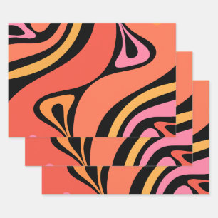 Feuille De Papier Cadeau Nouveau Groove Abstrait rétro moderne rose orange