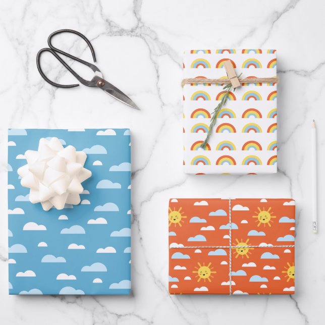 Feuille De Papier Cadeau Nuages arc-en-ciel mignons et soleil (Recto)