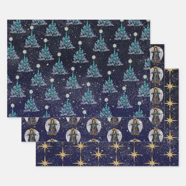 Feuille De Papier Cadeau Nuit étoile Noël 3 Variations (Lot)