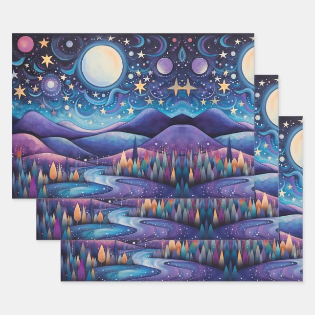 Feuille De Papier Cadeau Nuit lunaire Big Moon Paysage (Lot)