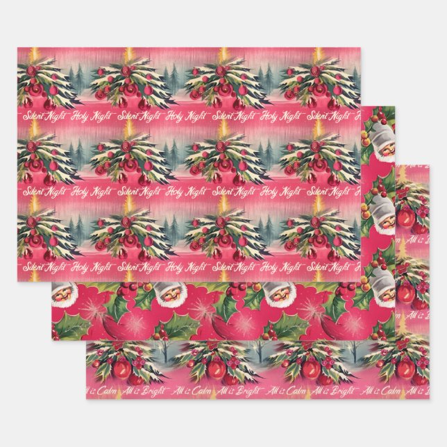 Feuille De Papier Cadeau Nuit silencieuse de Noël rétro (Lot)
