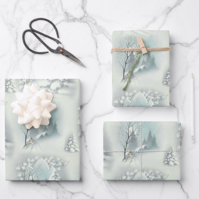 Feuille De Papier Cadeau Nuit vintage de neige  (Recto)
