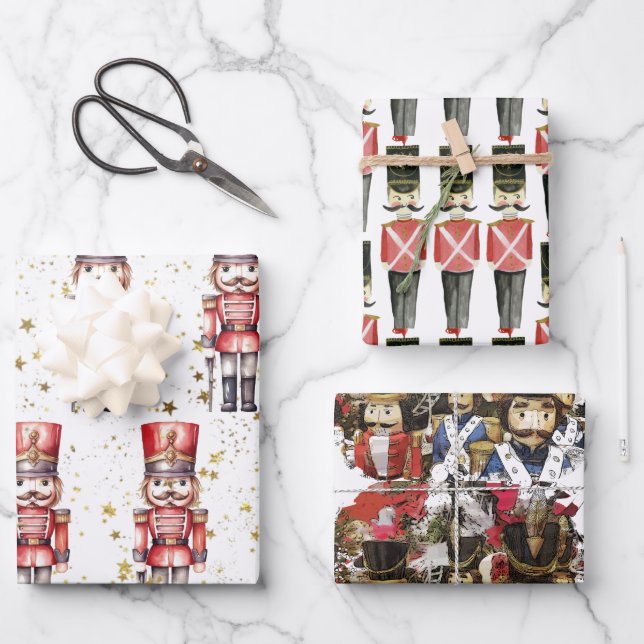Feuille De Papier Cadeau Nutcracker Suite Jouets Soldats Étoiles | (Recto)