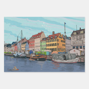 Feuille De Papier Cadeau Nyhavn Copenhagen Danemark Illustration lunaire