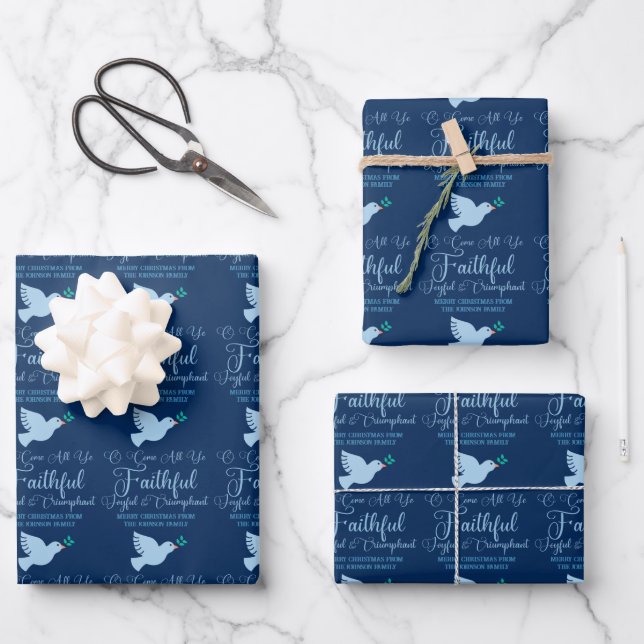 Feuille De Papier Cadeau O Venez tous votre fidèle Bleu Noël religieux (Recto)