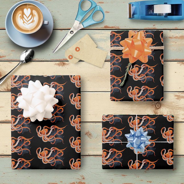 Feuille De Papier Cadeau Octopus Orange Mandala bleu (Créateur téléchargé)