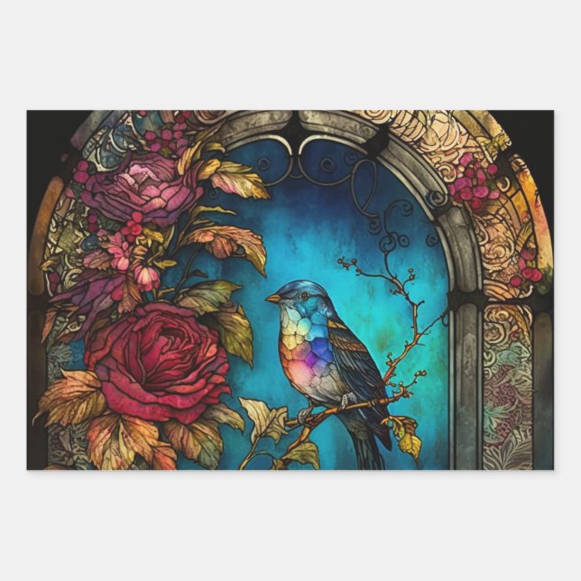 Feuille De Papier Cadeau Oiseau Alcool Encre Joyau Tons (Devant)