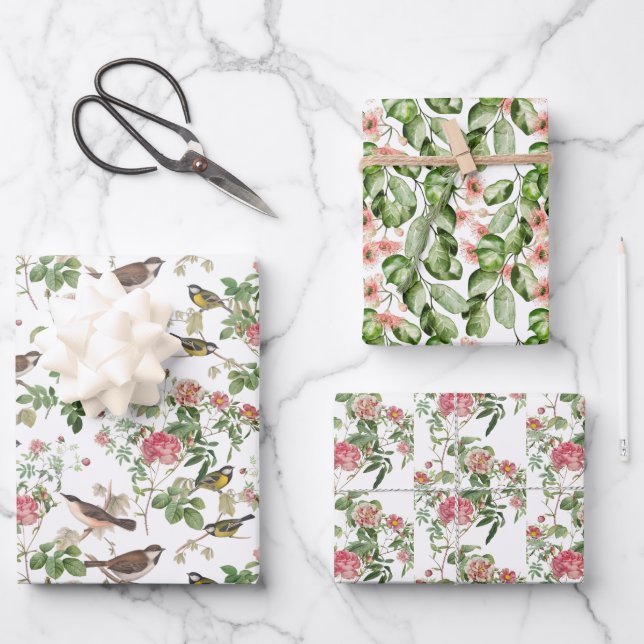 Feuille De Papier Cadeau Oiseau luxuriant, fleurs et feuillage (Recto)