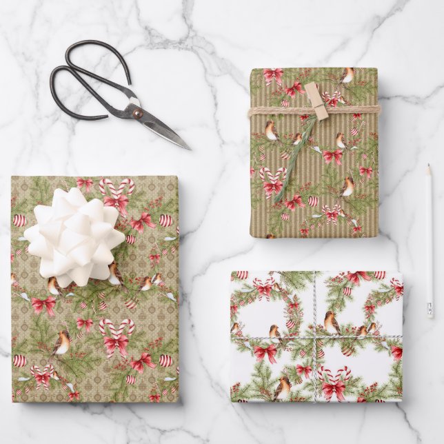 Feuille De Papier Cadeau Oiseaux d'hiver Couronne rouge de Poinsettia et ru (Recto)
