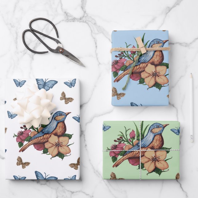 Feuille De Papier Cadeau Oiseaux et fleurs Toutes les occasions (Recto)