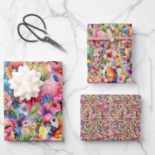 Feuille De Papier Cadeau Oiseaux et fleurs tropicaux