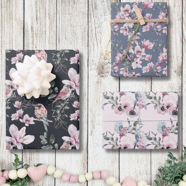Feuille De Papier Cadeau Oiseaux Fleurs roses Aquarelle Motif botanique (Birds and Pink Flowers Watercolor Botanical Pattern Wrapping Paper Sheets)