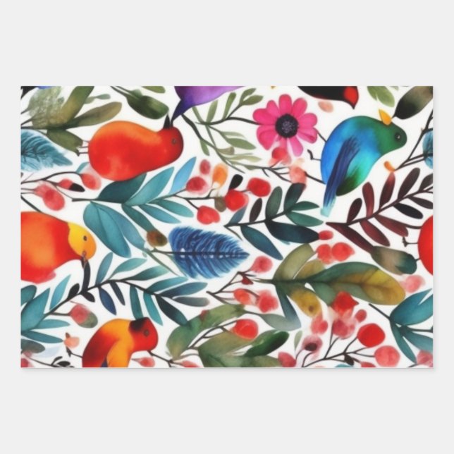 Feuille De Papier Cadeau Oiseaux floraux colorés (Devant)