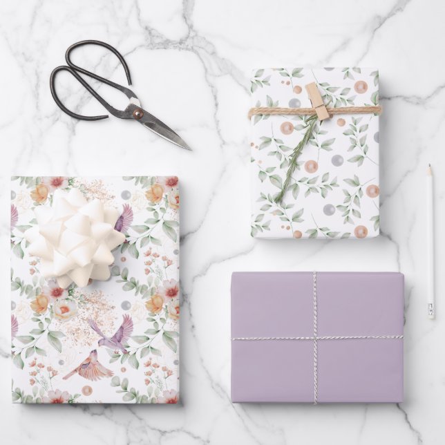 Feuille De Papier Cadeau Oiseaux mauves et baies nuptiales (Recto)