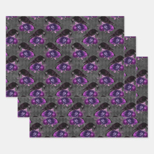 Feuille De Papier Cadeau Oiseaux noirs et Roses pourpres