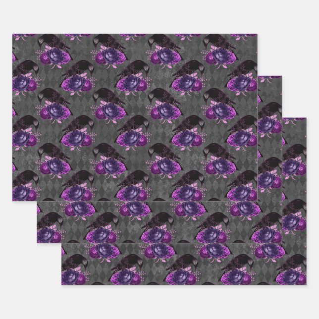 Feuille De Papier Cadeau Oiseaux noirs et Roses pourpres (Lot)