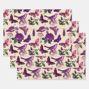Feuille De Papier Cadeau Oiseaux pourpres Papillons et champignons