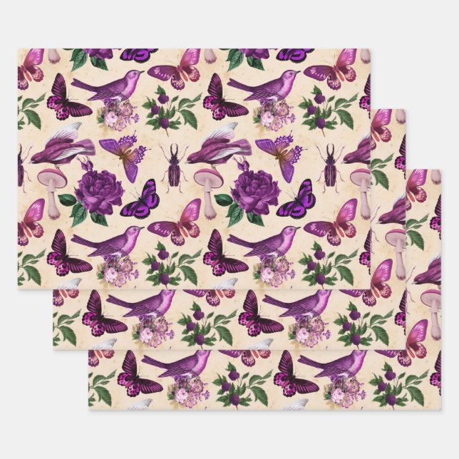Feuille De Papier Cadeau Oiseaux pourpres Papillons et champignons (Lot)