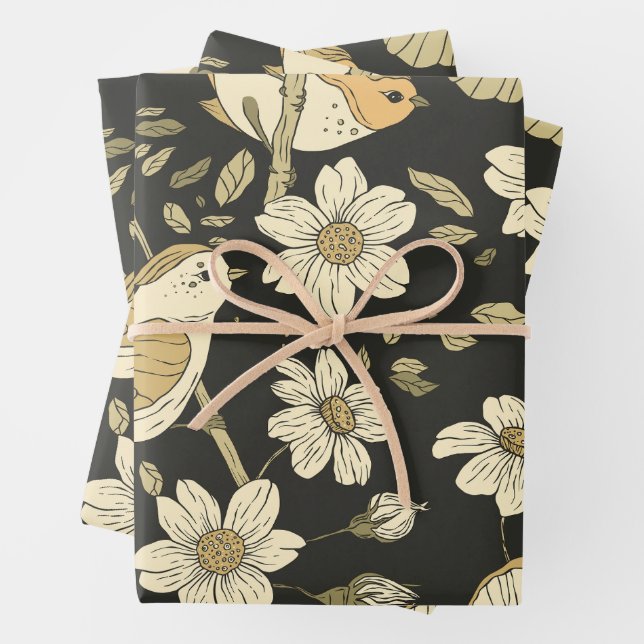 Feuille De Papier Cadeau Oiseaux sauvages et fleurs Nature (En situation)