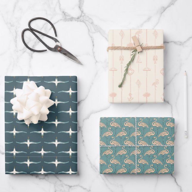Feuille De Papier Cadeau Oiseaux tropicaux et plage côtière - Blues (Recto)