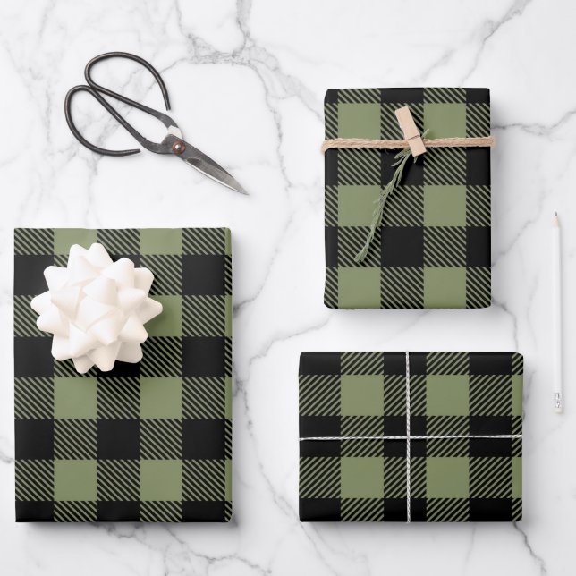 Feuille De Papier Cadeau Olive Green Black Buffalo Check Plaid Motif (Recto)