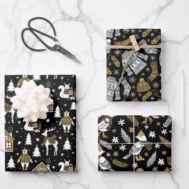 Feuille De Papier Cadeau Or de Noël festif noir blanc (Recto)