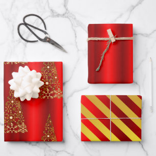 Feuille De Papier Cadeau Or métallique et Noël rouge