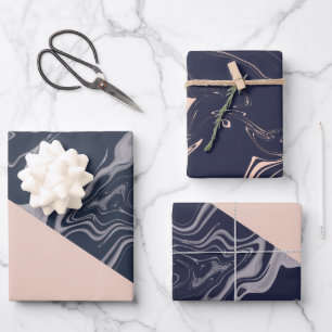 Feuille De Papier Cadeau or rose et bleu marine Noël