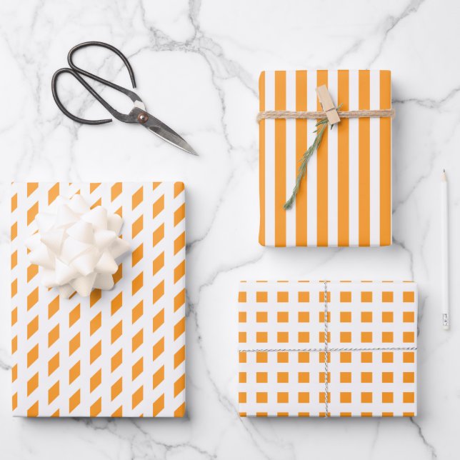 Feuille De Papier Cadeau Orange blanc rayures vérifier diamant géométrique  (Recto)