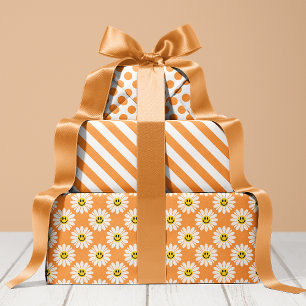 Feuille De Papier Cadeau Orange Daisy Floral Stripes Polka Dot