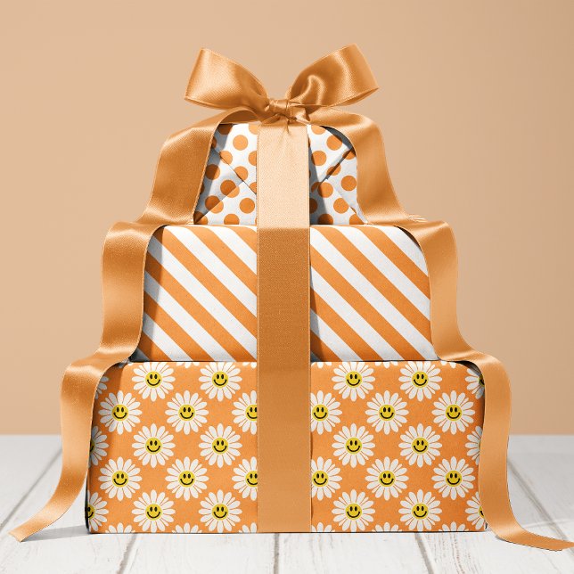 Feuille De Papier Cadeau Orange Daisy Floral Stripes Polka Dot (Créateur téléchargé)