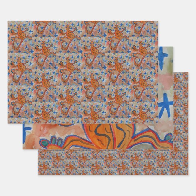 Feuille De Papier Cadeau Orange Gecko (Lot)
