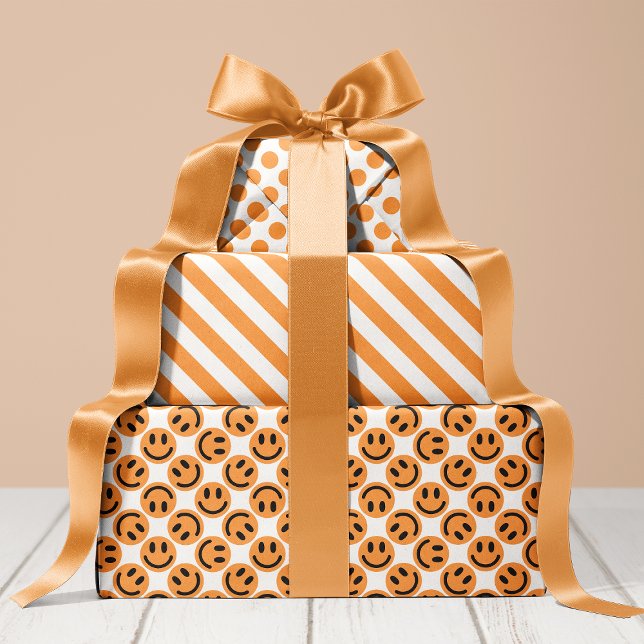 Feuille De Papier Cadeau Orange Happy Face Stripes et Polka Dot (Créateur téléchargé)