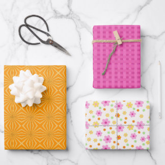 Feuille De Papier Cadeau Orange & Pink Stripes Coloré Floral Vibrant