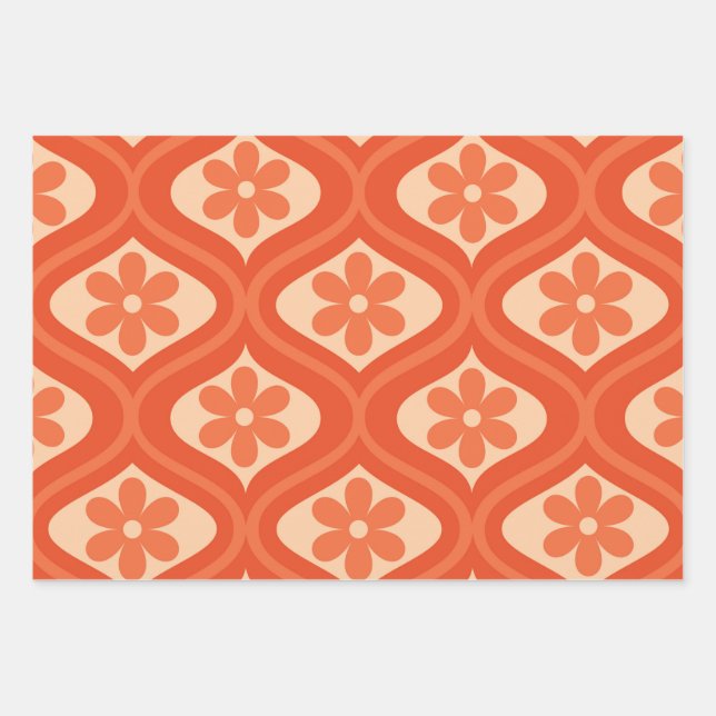Feuille De Papier Cadeau Orange rétro les années 70 fleur sur ogee motif (Devant 3)