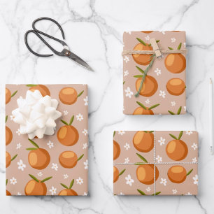 Feuille De Papier Cadeau Oranges d'été Fruit petites fleurs blanches Motif