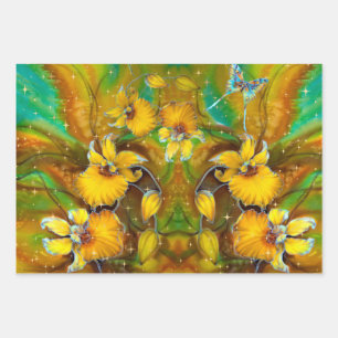 Feuille De Papier Cadeau Orchidées Jaunes Magique Or Étoiles Vert