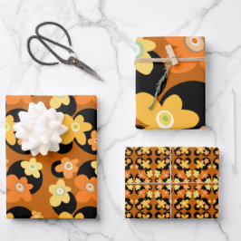 Feuille De Papier Cadeau ornage et fleurs jaunes