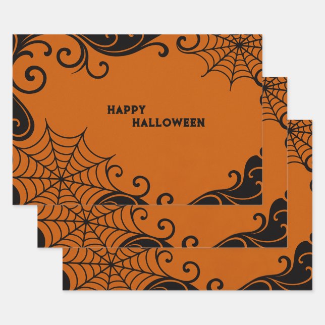 Feuille De Papier Cadeau Ornement Spiderweb Orange Black Halloween (Lot)