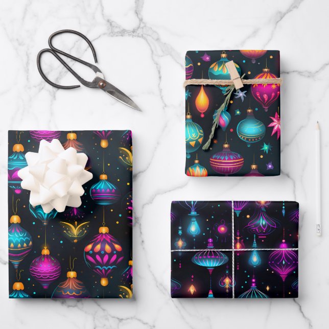Feuille De Papier Cadeau Ornements de Noël de Neon (Recto)