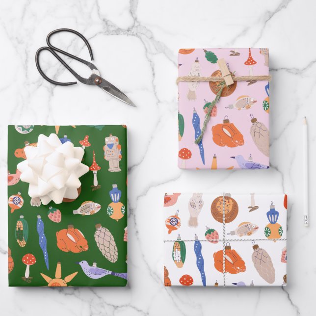 Feuille De Papier Cadeau Ornements de Noël vintage (Recto)