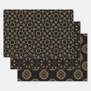 Feuille De Papier Cadeau Ornements en fibre noire et or Motifs en mosaïque