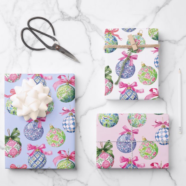 Feuille De Papier Cadeau Ornements Préppy Christmas Baubles (Recto)