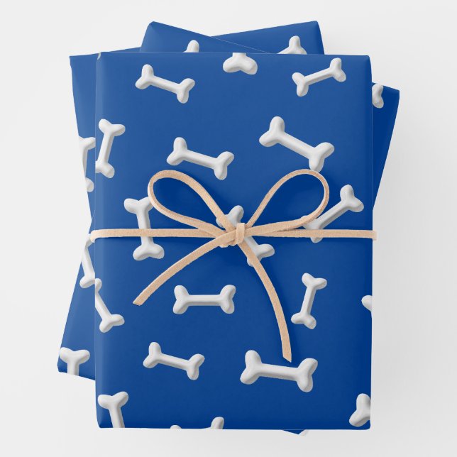 Feuille De Papier Cadeau Os Blancs Sur Fond Bleu Personnalisé (En situation)