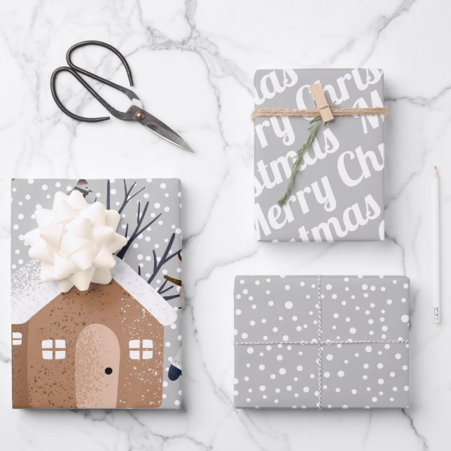 Feuille De Papier Cadeau Ours d'hiver, Joyeux Noël et flocons de neige (Recto)