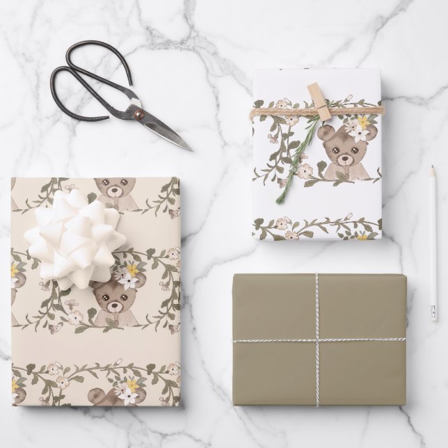 Feuille De Papier Cadeau Ours en peluche et fleurs (Recto)