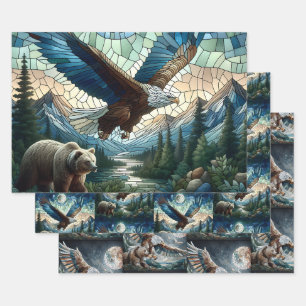 Feuille De Papier Cadeau Ours et aigle en mosaïque dans les montagnes