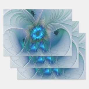 Feuille De Papier Cadeau Ovations debout, fractale abstraite bleue turquois