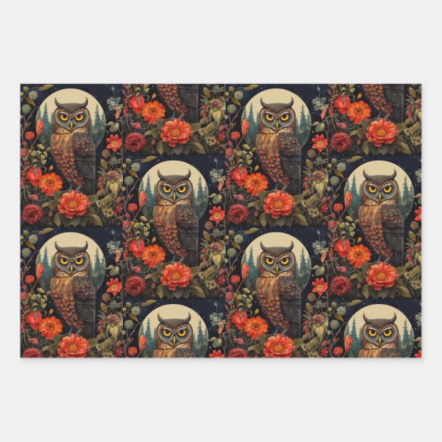 Feuille De Papier Cadeau Owl at Night with a Full Moon Pattern (Devant 3)