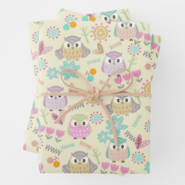 Feuille De Papier Cadeau Owl Pastel Jaune